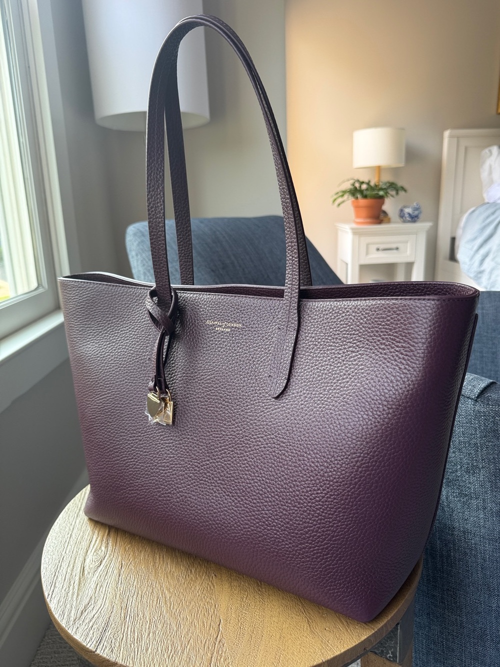 NWT Aspinal of London East West Tote with Shield Charm (Burgundy Pebble Leather)